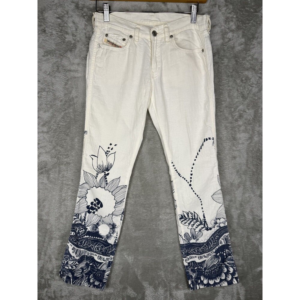 Vtg Diesel Pants Womens 27x31 Linen Blend Floral Art Italy Lightweight Zink Y2K